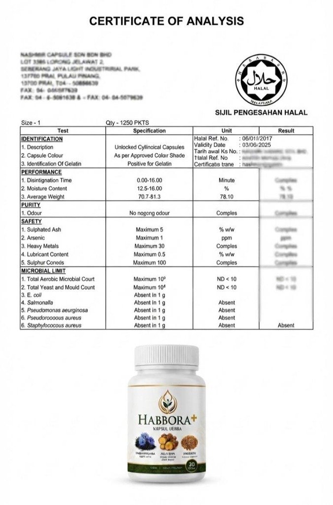 Certificate of Analysis COA Habbora+ - Nashmir Capsule - Sijil Pengesahan Halal