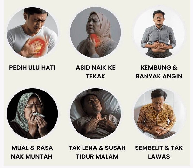 Simptom Masalah Angin & Pencernaan: Pedih Ulu Hati, Asid Naik Ke Tekak, Kembung & Banyak Angin, Mual & Rasa Nak Muntah, Tak Lena & Susah Tidur Malam, Sembelit & Tak Lawas